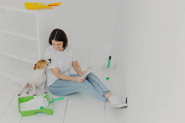 Stock image Horizontal shot of lovely woman with short hair, looks attentively at color palette, chooses colour for painting room, plays with pedigree dog, sit in white spacious room, sits on white floor