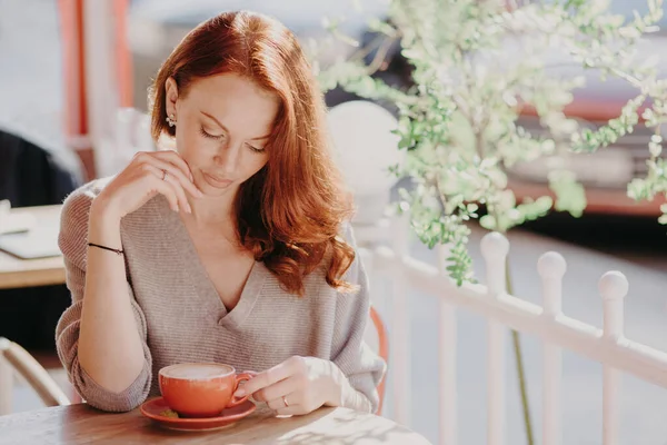 Charming Red Haired European Woman Drinks Cappuccino Coffee Terrace Cafe — Stock Photo, Image