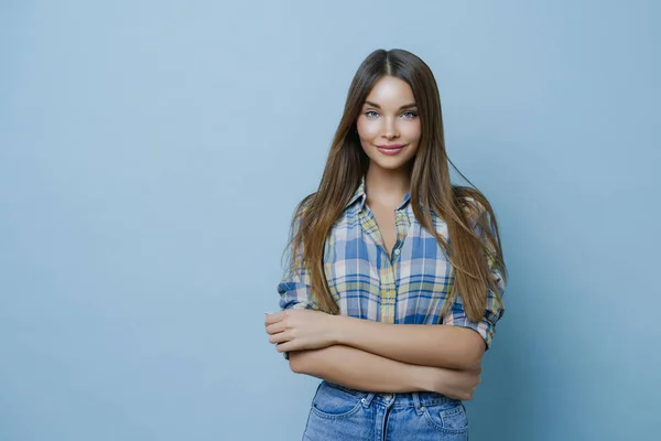 Horizontal Shot Attractive Young Female Long Straight Hair Wears Checkered — Stock Photo, Image