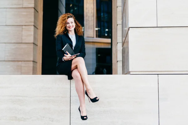 Young Attractive Lady Curly Hair Wearing Black Formal Costume Shoes — Stock Photo, Image