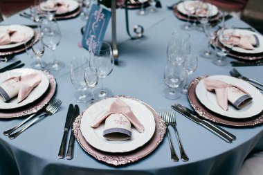 Tablo randevular. İki boş tabak, çatal, gözlük ve bıçaklar ve ışık mavi sofra ile ayarlama tablo. Restoran tabloda özel durum için servis. Kafe ya da Restoran seti.