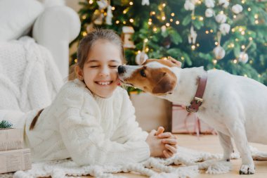 Şirin köpek yavrusu, çocukların yüzünü yalıyor. Samimi bir odada, süslenmiş köknar ağacına, hediye kutularına karşı birlikte poz veriyorlar. Mutlu yıllar konsepti. Kış tatili başlıyor. Noel hazırlığı