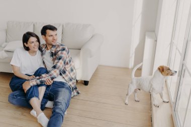 Memnun romantik çift kucaklaşır ve pencereden dışarı bakar, kanepenin yanındaki boş odada poz verir, köpekleri dışarıda yürümek ister. Kadın ve erkek boş zamanlarının tadını çıkarıp yeni bir dairede yaşıyorlar.