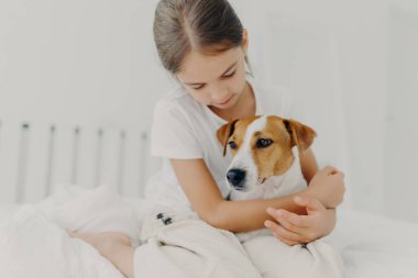 Beyaz tişörtlü, şefkatli küçük bir kızın görüntüsü, küçük soylu bir köpeğe sarılıyor, hayvanlara büyük bir sevgi besliyor, beyaz odada yatakta poz veriyor, ev ortamından hoşlanıyor. En sevdiği evcil hayvanı olan