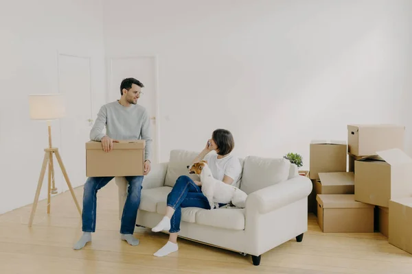 Positive woman and man pose in empty spacious room during relocation day, husband carries cardboard boxes with belongings, wife has telephone conversation, sits on comfortable sofa with dog.