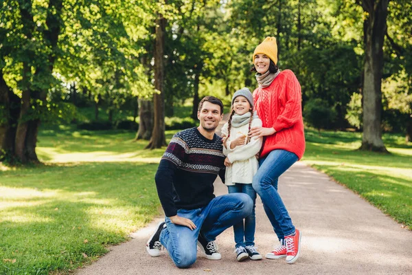 Família Repousante Despreocupada Caminhar Juntos Desfrutar Tempo Ensolarado Outono Parque — Fotografia de Stock