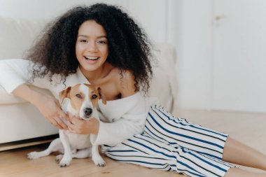 Şık elbiseli mutlu kıvırcık kadın yerde komik küçük bir köpekle oynuyor, neşeli anları ve aşkı paylaşıyor..