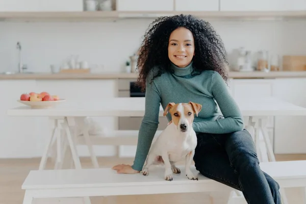 Glad Afro Kvinna Sitter Med Hund Poser Köket Uttrycker Glädje — Stockfoto