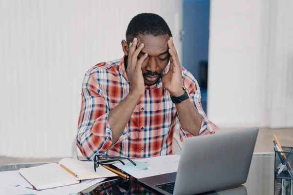 Upset Black Employee Blames Self Work Mistake Frustrated Guy Holds — Stock Photo, Image
