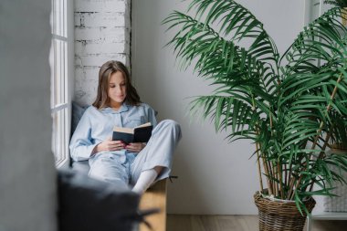 Serious female student in pajamas, concentrated on textbook, sitting on a cozy window sill with a green plant, preparing for classes. People, reading, and coziness concept.