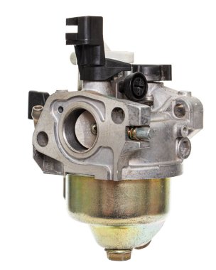 Karbüratör, yakıtlı içten yanmalı motorun bir parçası, yedek parça, beyaz arka planda izole edilmiş.
