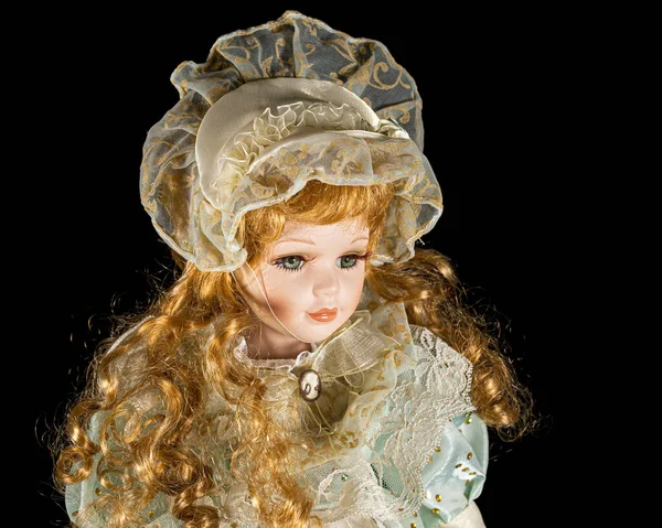 Porcelain Doll Isolated Black Background — Stock Photo, Image