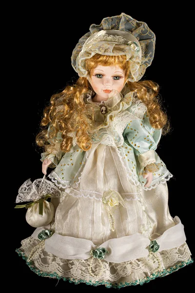 Порцелянова Лялька Ізольована Чорному Тлі — стокове фото