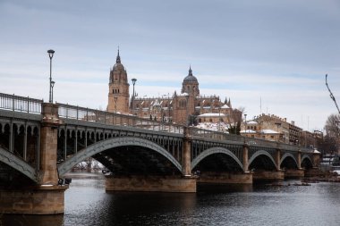 Salamanca, İspanya - 10 Ocak 2021: Salamanca Katedrali ve Enrique Estevan Köprüsü