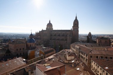 Salamanca, İspanya - 7 Ocak 2021: Yeni Salamanca Katedrali ve şehir çatılarının hava manzarası