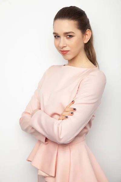 Portrait Attractive Young Adult Attractive Brunette Businesswoman Pink Dress Isolated — Stock Photo, Image