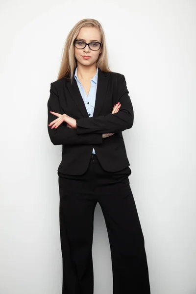 Portrait Young Adult Attractive Brunette Businesswoman Glasses Black Jacket Posing — Stock Photo, Image