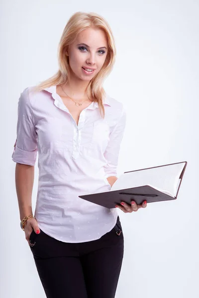 Portrait Young Adult Attractive Blonde Businesswoman Pink Shirt Reading Notebook — Stock Photo, Image