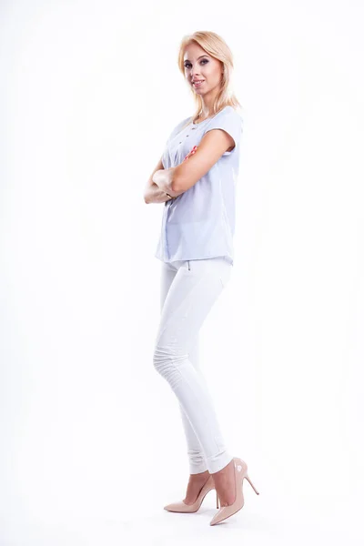 Silhouette Jolie Femme Blonde Chemise Bleue Isolée Sur Fond Blanc — Photo