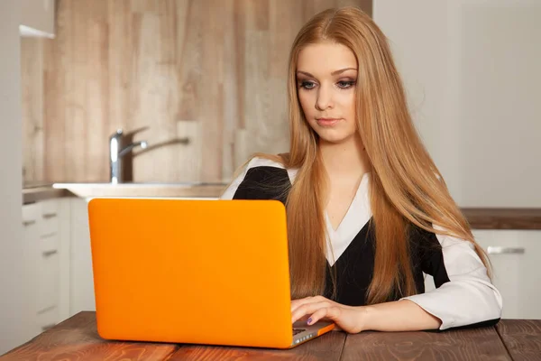 Portrait Beauty Attractive Pretty Blonde Girl Working Laptop Home Office — Stock Photo, Image
