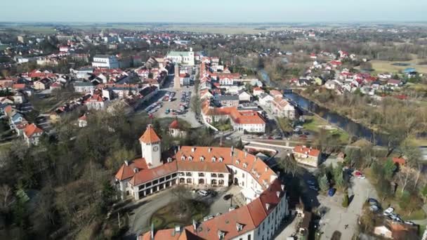 Kilátás Város Pultusk Lengyelországban Kilátás Várra Óvárosra Drónlövés — Stock videók