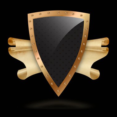 Siyah arkaplanda antik parşömen parşömeni olan altın perçinli bir kalkan..