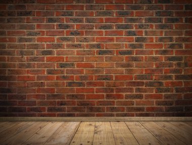 Kırmızı tuğla duvar ve ahşap zemin tasarım için arka plan.