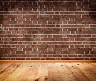 Tasarım için vignette etkisi olan tuğla duvar ve ahşap zemin arka plan.