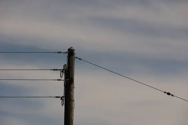 Üzerinde kablolar olan uzun bir direk. Gökyüzü bulutlu ve güneş görünmüyor.