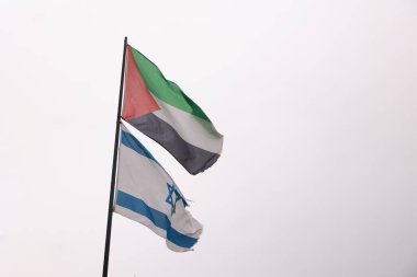 Bir İsrail ve Filistin bayrağı rüzgarda birlikte barış ve beraberliğin sembolü ve iki devletten oluşan bir çözüm olarak