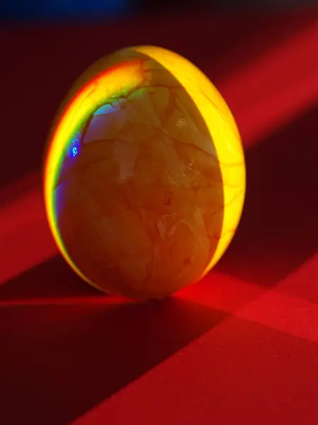 Kırmızı arka planda küçük bir turuncu yumurta duruyor. Yumurta bir gökkuşağı ile çevrilidir, bu da sıcaklık ve mutluluk hissi yaratır..