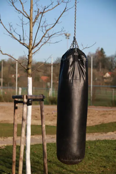Zincire asılı siyah deri bir çanta. Çanta bir ağaç dalına asılı. Ağaç çıplak ve gökyüzü temiz.