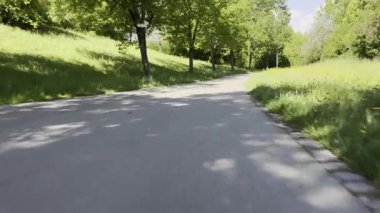 Her iki tarafında ağaçlar ve arka tarafında çimenlik bir alan olan yol. Yol boş ve üzerinde kimse yok.