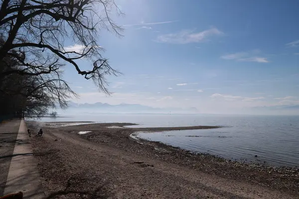 Arka planda su bulunan bir plaj. Gökyüzü açık ve güneş parlıyor.
