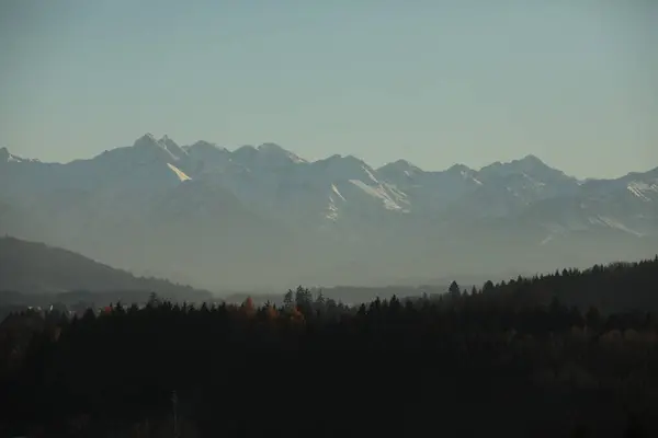 Dağlar karla kaplı ve gökyüzü berrak. Dağlar çok yüksek ve ağaçlar yeşil.