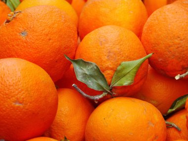 Üstünde yaprak olan bir demet portakal. Portakalların hepsi farklı boyutlarda ve üst üste yığılmış..