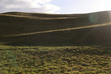 Çimenli bir tarlası ve bulutlu bir gökyüzü olan bir yamaç. Gökyüzü bulutlu ve güneş zar zor görünüyor.