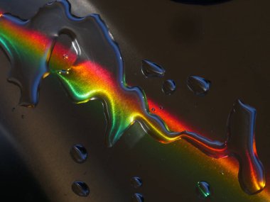 Gökkuşağı su damlacıklarına yansıyor. Gökkuşağının renkleri canlı ve su damlacıkları görüntünün her tarafına dağılmış. Sahne güzellik ve meraktan ibarettir.