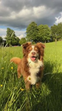 Kahverengi ve beyaz köpek çim tarlasında duruyor. Köpek gülümsüyor ve eğleniyor.