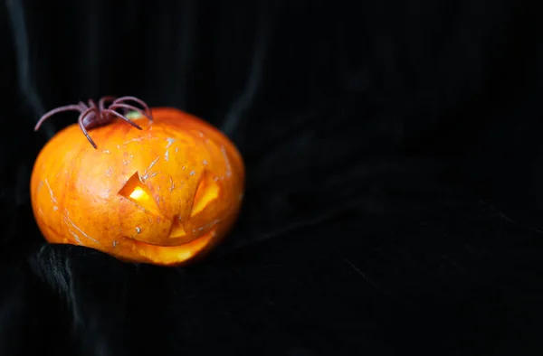 October Halloween Old Jack Lantern Black Background Spider Sits Pumpkin — Stock Photo, Image