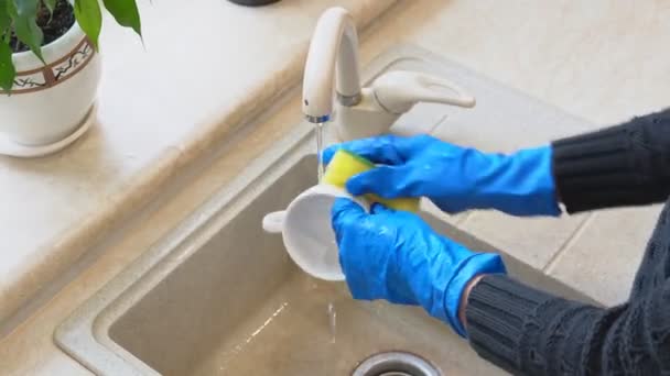 一个戴着蓝色橡胶手套的女人正在厨房的洗碗槽里洗杯子 女孩用洗碗液的毛巾洗净了白色的咖啡杯 家政概念 — 图库视频影像