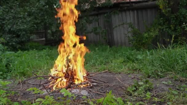 Человек Бросает Сухой Сено Костер После Образуется Густой Дым Высокое — стоковое видео