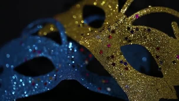Two Luxury Traditional Venetian Masks Dark Background Illuminated Sparkles Darkness — Stockvideo