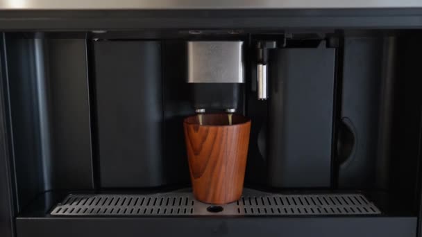 Black Espresso Maker Machine Brown Wooden Cup Hot Drink Preparation — Stock videók