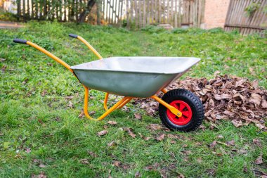 Metal wheelbarrow for trash, garbage, dry leaves. Collection of garbage or harvest in the country