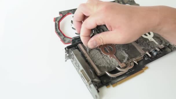 Cleaning Computer Video Card Caked Dust Close Computer Fans Dirt — Stockvideo