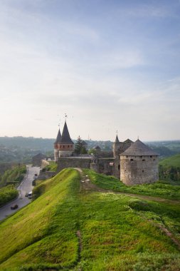 Kamianets-Podilskyi, Ukraine. Colorful balloons flying over a beautiful medieval castle, a very beautiful view of the city. Ballooning for tourists