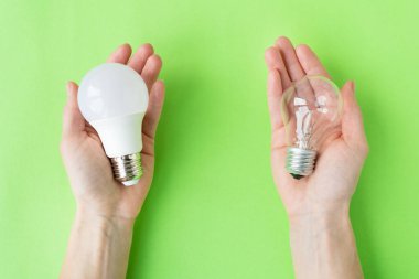 A set of two types of lamps, LED and incandescent, in the hands of a girl isolated on a green background. Energy-saving lamps