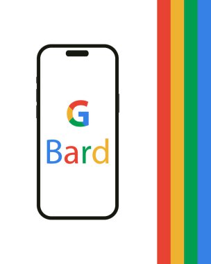 Kyiv, Ukrayna - 03 Haziran 2022: Iphone 14 ekranında G Bard logosu - vektör illüstrasyonu. Ozan, Google tarafından akıllı telefon ve bilgisayar üzerinden geliştirilen konuşma üreten yapay zeka sohbet robotudur.