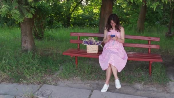 Young Woman Pink Dress Relaxing Park Bench Using Mobile Phone — Stock Video